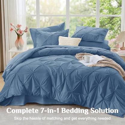 JOLLYVOGUE Queen Comforter Set 7 Pieces - Bed in a Bag Queen for All Season, Pintuck Bedding Comforter Sets with Comforter, Flat Sheet, Fitted Sheet and Pillowcases & Shams, Slate Blue