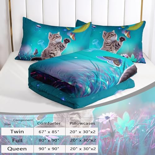 AILONEN Cat Bedding Set Queen Size with Girl Sitting on The Moon and Jellyfish Comforter Set for Kids Boys Girls,Dreamy Starry Soft Breathable Duvet Set 3 Pieces, 1 Quilt and 2 Pillowcases