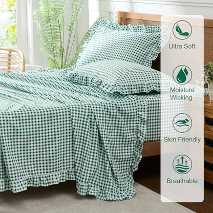 Gingham King Sheet Set, Lightweight Super Soft Brushed Microfiber Plaid Bed Sheets with 16" Deep Pocket, 4 Piece Ruffle Farmhouse Bedroom Decor, Green