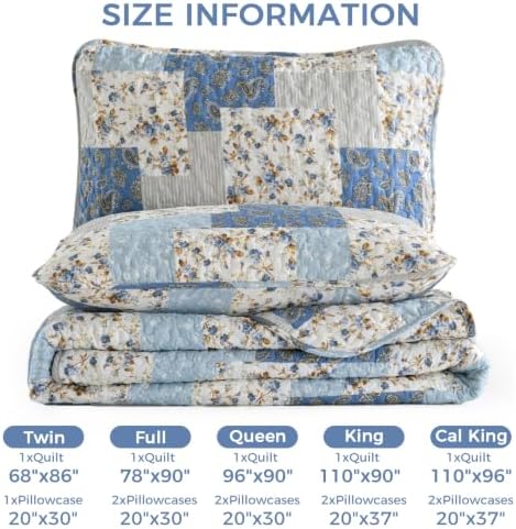 Mybedsoul Boho Quilt King Size, Patchwork Floral Bedding Set, Light Blue