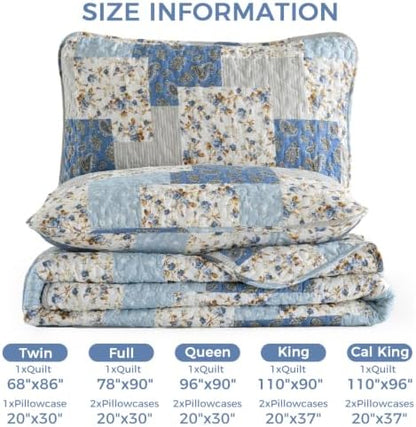 Mybedsoul Boho Quilt King Size, Patchwork Floral Bedding Set, Light Blue