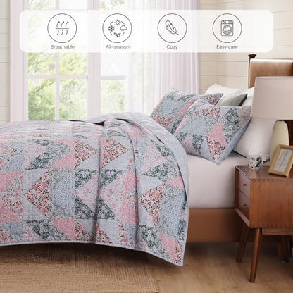 Queen Quilt Set-3 Pieces Soft Bedding Lightweight Floral Patchwork Coverlet