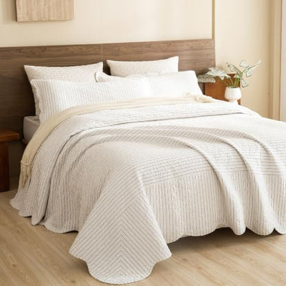 Lady Ann Oversized King Bedspread 120x120, Soft Cotton Quilt Set for Extra Large Bed, Dark Grey White Classic Striped Pattern Quilted Coverlet with Scalloped Edge, 3 Pcs Bedding Set