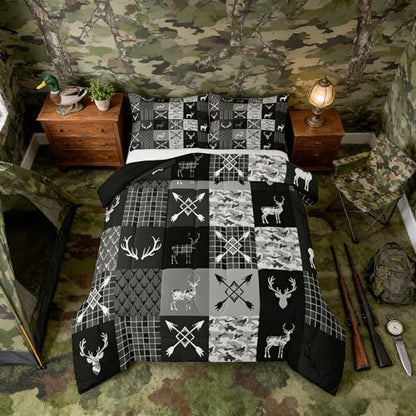 Feelyou Camo Deer Antlers Comforter Set All Season Animal Arrow Silhouette Bedding Set with 2 Pillow Cases Rustic Cabin Microfiber Kids King Bedclothes Lattice Bedroom Decor Duvet Quilt Breathable