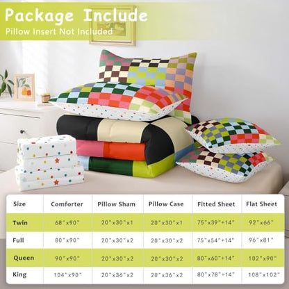 Feelyou Multicolored Checkered Retro 7 Piece Bedding Set Kids Boys Geometric Vintage Comforter Set with Sheets King Size Green Red Yellow Colorful Bed in a Bag Modern Groovy Aesthetic Room Decor