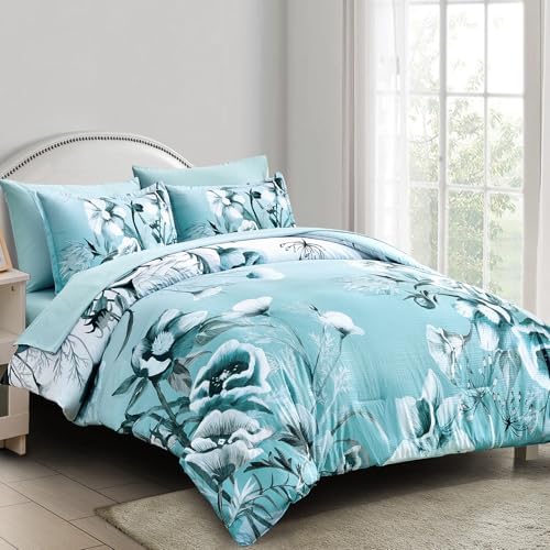 Luxudecor Floral Comforter Set Queen Size 7 Piece, Aqua Flower Bed in a Bag, Elegant Gradient Floral Comforter with Sheet Set, Soft Seersucker Microfiber Bedding Set for All Season (Aqua, 90"x90")