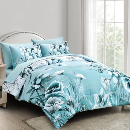 Luxudecor Floral Comforter Set Queen Size 7 Piece, Aqua Flower Bed in a Bag, Elegant Gradient Floral Comforter with Sheet Set, Soft Seersucker Microfiber Bedding Set for All Season (Aqua, 90"x90")
