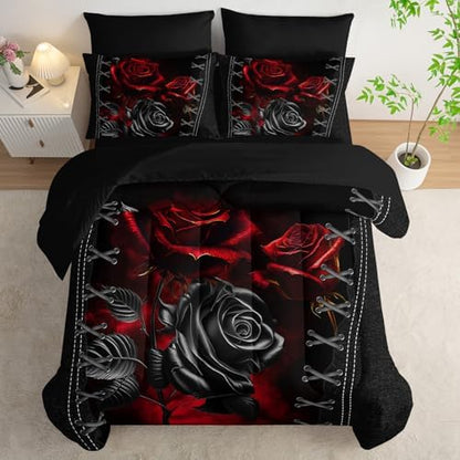 AILONEN Black and Red Rose Comforter Set Queen,7-Piece Flower Bed in a Ba,Soft Comforter & Fitted Sheet with Flat Sheet & 2 Pillowcases,2 Pillow Shams for Bedroom
