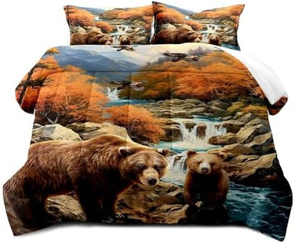 LUVIVIHOME 3PCS Bear Comforter Set Full Size, Mallard Duck Mountain Autumn Forest Woodland Animal Wildlife Country Lodge Rustic Farmhouse Cabin Bedding Sets for Kids Boys Girls, 2 Pillow Shams
