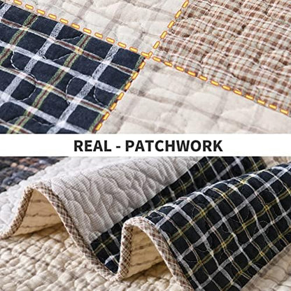PERHOM 100% Cotton King Size Quilt Set - Lightweight Bedding Set, Real-Patchwork Plaid Pattern Printed Farmhouse Bedspreads, Soft Reversible Coverlet Comforter for All Season, 3 Pieces