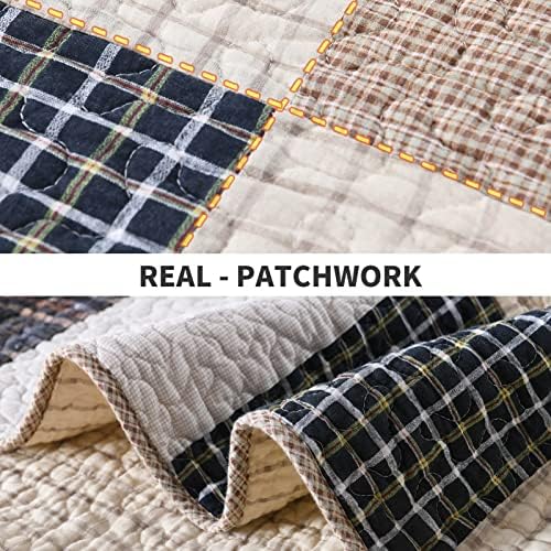 PERHOM Cotton Quilt Queen Size - 100% Cotton Summer Lightweight Bedspread, Brown Real-Patchwork Plaid Queen Quilt Bedding Set, All Season Breathable Coverlet/Comforter Set for Queen Bed, 3-Pieces