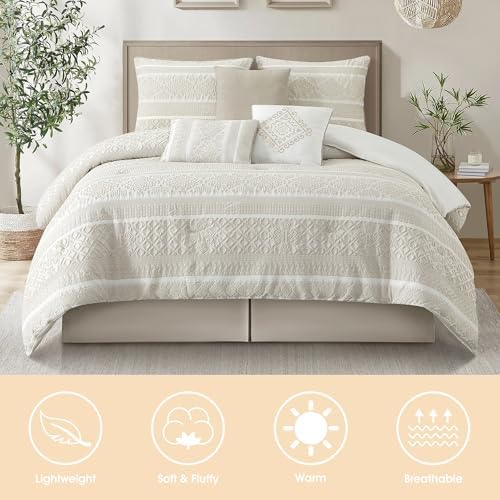 LANCO MODERN LIFESTYLE 7 Piece King Comforter Set, Beige, Elegant Jacquard with Patchwork, Stylish and Cozy Bedding Collection, Premium Bedding Set with Bedskirt, Shams and Pillows