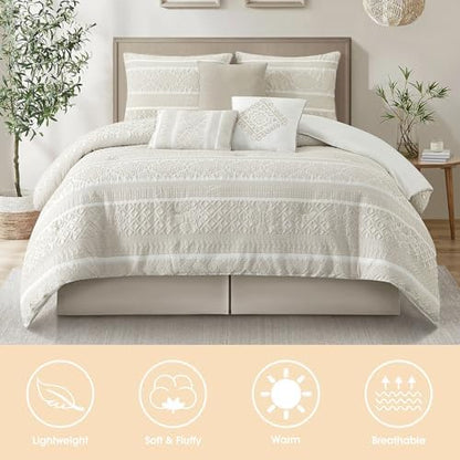 LANCO MODERN LIFESTYLE 7 Piece King Comforter Set, Beige, Elegant Jacquard with Patchwork, Stylish and Cozy Bedding Collection, Premium Bedding Set with Bedskirt, Shams and Pillows