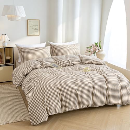 Mucalis Tan Gingham Duvet Cover King 100% Washed Cotton Beige Brown Plaid Checkered Duvet Cover Set Vintage 3 Piece Grid Bedding Set with Zipper Closure Corner Ties,Durable,Breathable,Easy Care
