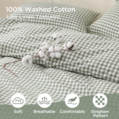 TOCOMOA Green Gingham Duvet Cover Set Washed Cotton Like Linen, Twin