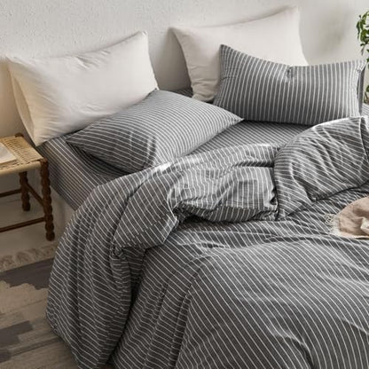 MooMee Striped Duvet Cover Set 100% Washed Cotton Linen Like King