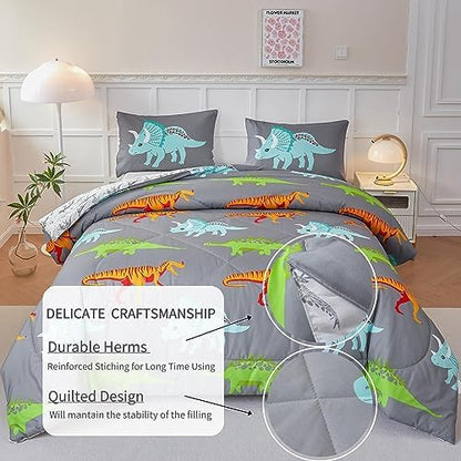 RYNGHIPY Dinosaur Kids Comforter Set Cartoon Dinosaur Bedding Sets for Boys 3 Pieces Queen Microfiber Comforter with Pillowcases Soft Lightweight (Dark Grey,Queen)