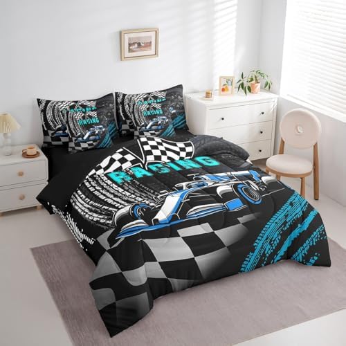 Kids Boys Sports Car Comforter Set 7 Pieces,Blue Race Car Bed Set,Extreme Sports Theme Bedding Bed in a Bag Soft,Twin (1 Comforter,2 Pillowcase,2 Pillow Covers,1 Flat Sheet,1 Fitted Sheet)