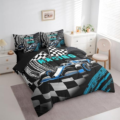 Kids Boys Sports Car Comforter Set 7 Pieces,Blue Race Car Bed Set,Extreme Sports Theme Bedding Bed in a Bag Soft,Full (1 Comforter,2 Pillowcase,2 Pillow Covers,1 Flat Sheet,1 Fitted Sheet)