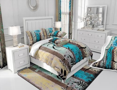 Manfei Blue Flower Comforter Set Full Size, Boho Dragonfly Quilt Set with 2 Pillowcases, Vintage Wooden Board Bedding Set 3pcs for Kids Boys Girls Room Decor Botanical Floral Duvet Insert