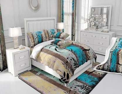 Manfei Blue Flower Comforter Set Full Size, Boho Dragonfly Quilt Set with 2 Pillowcases, Vintage Wooden Board Bedding Set 3pcs for Kids Boys Girls Room Decor Botanical Floral Duvet Insert