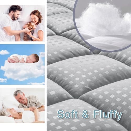 HYLEORY California King Mattress Pad Quilted Fitted Mattress Protector Cooling Pillow Top Mattress Cover Breathable Fluffy Soft Mattress Topper with 8-21" Deep Pocket, Light Grey