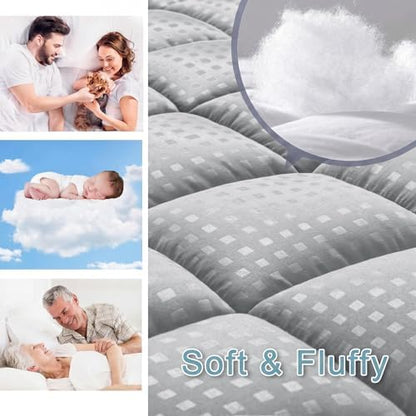HYLEORY California King Mattress Pad Quilted Fitted Mattress Protector Cooling Pillow Top Mattress Cover Breathable Fluffy Soft Mattress Topper with 8-21" Deep Pocket, Light Grey