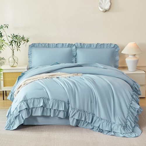 ANGIYUIN Dusty Blue Twin Size Comforter Set 5 Pieces Ruffled Bed in A Bag