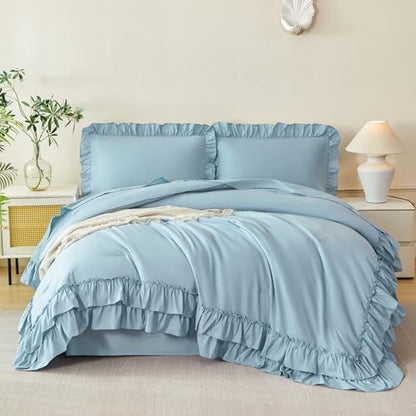 ANGIYUIN Dusty Blue Twin Size Comforter Set 5 Pieces Ruffled Bed in A Bag