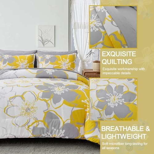 Anibedding Yellow Floral Comforter Set King Size 7 Pieces Reversible Bed in a Bag with Sheets Set for All Season, Soft Microfiber Complete Bedding Set King (104"x90")