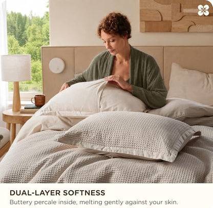 Bedsure PureWoven 3 Pieces 100% Cotton Waffle Duvet Cover Set, King, Linen