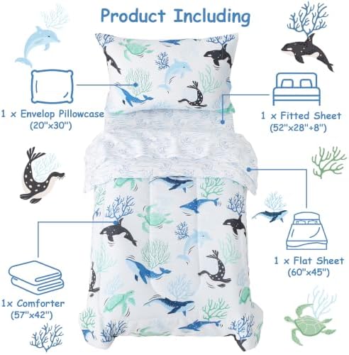 Mooreeke Toddler Bedding Sets for Boys,4 Pieces Blue Ocean Whales Printed