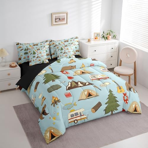 Erosebridal Camper 7 Pcs Bedding Sets for Travel Trailers Bunk,Happy Camping Comforter Set Twin Bed in a Bag for Kids Boys Girls,Pine Tree Bear Duvet Insert,Camper Accessories Travel Car Flat Sheet