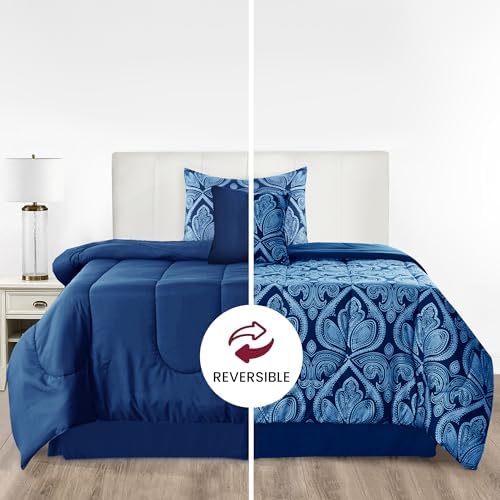 LUX Décor Reversible 4pc Twin Comforter Set, Printed Bedding Set, All-in-One Bed in a Bag, Includes 1 Comforter, 1 Pillow Sham, 1 Decor Pillow & 1 Bed Skirt (Paisley Navy,Twin)