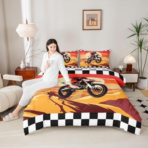 Feelyou Sunset Motocross Comforter Set King Dirt Bike Rider Bedding Set for Kids Boys Girls Checkered Flag Duvet Quilt Off-Road Racing Design Bedroom Decor Outdoor Sports 3 Pcs with 2 Pillow Cases