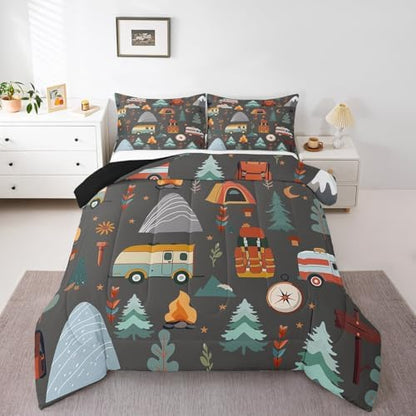 Feelyou Happy Camping Comforter Set for Kids Boys Girls Toddler Size Travel Bag Tent Print Bedding Set Soft Outdoor Themed Duvet Quilt Camping Gifts Comforter Travel Trailers Duvet Quilt
