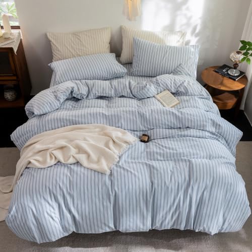 FOSSA Striped Duvet Cover Set 100% Washed Cotton Linen Feel Queen