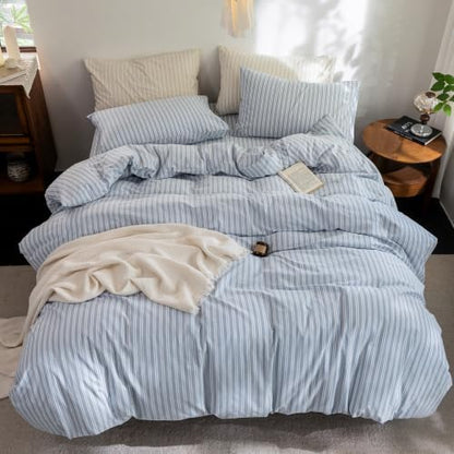 FOSSA Striped Duvet Cover Set 100% Washed Cotton Linen Feel Queen