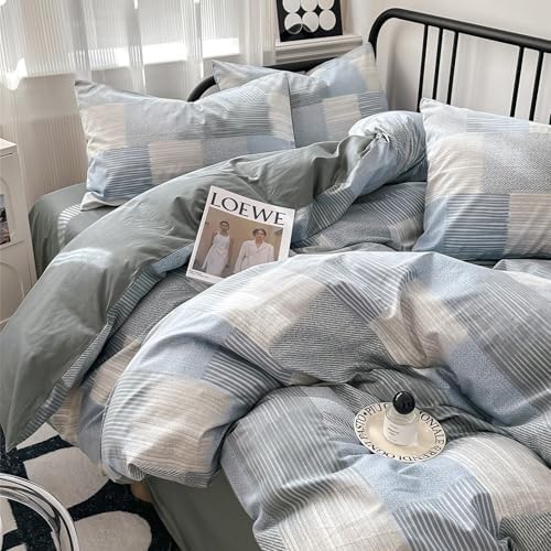mixinni Twin XL Comforter Set Soft Aesthetic Blue Geometric Checkered Plaid Printed Bedding Comforter for Men Boys, 1 Soft Microfiber Reversible Comforter with 2 Pillowcases for All Seasons