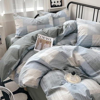 mixinni Twin XL Comforter Set Soft Aesthetic Blue Geometric Checkered Plaid Printed Bedding Comforter for Men Boys, 1 Soft Microfiber Reversible Comforter with 2 Pillowcases for All Seasons