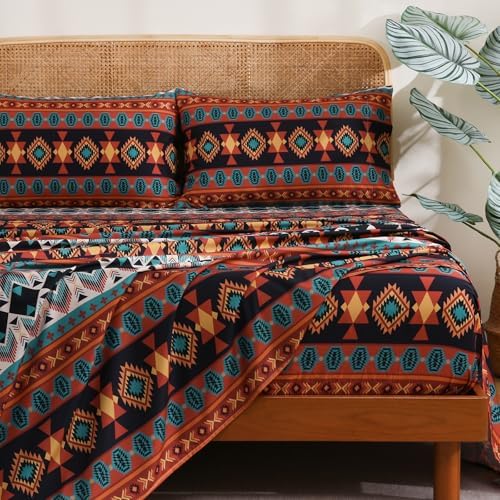 CozySmile 4 Pieces Queen Sheet Set Bohemian, Boho Sheets Soft Microfiber Deep Pocket, Western Sheets Geometric(Queen, Multicolor Tribal)