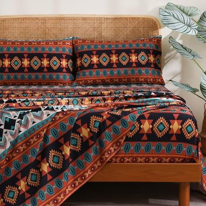 CozySmile 4 Pieces Queen Sheet Set Bohemian, Boho Sheets Soft Microfiber Deep Pocket, Western Sheets Geometric(Queen, Multicolor Tribal)