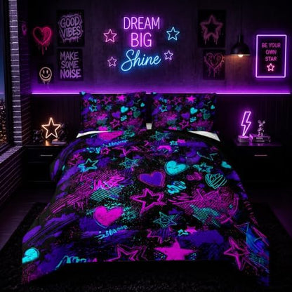 Nttopship Purple Stars Comforter Set King Size,Galaxy Starry Printed Bedding Set,Purple Heart Room Decor with Soft and Lightweight Comforter and 2 Pillowcases