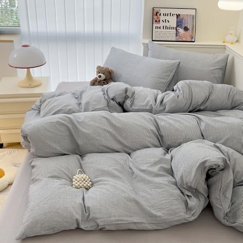 mixinni Grey Striped Duvet Cover Queen Size - 100% Washed Cotton Pinstripe Comforter Cover with Zipper Closure, Lightweight & Breathable, 3 Pieces Minimalist Stripes Pattern Printed Bedding Set