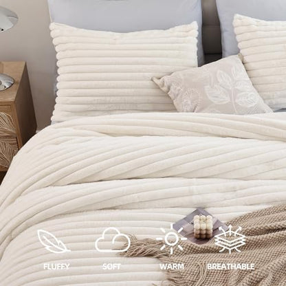 Smoofy Fluffy Twin Size Comforter 2 PCS - Cream White Fleece Bedding Set