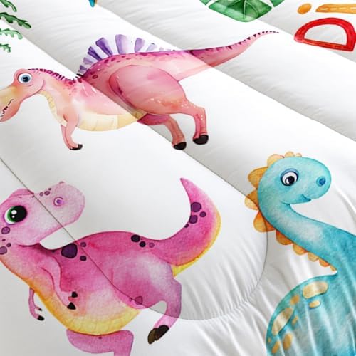 Cartoon Dinosaur Comforter Set Full 3Pc Kawaii Dinosaur Bedding Set All Season with Tree, Leaf Decoration Includes 1 Comforter, 2 Pillowcases for Kids Girls Teens