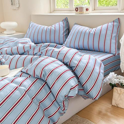 NSNLGSGC Blue and Red Retro Striped Duvet Cover Set, Full