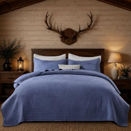 DOWN HOME Queen Quilt Bedding Set with Shams, Vintage Washed Soft Quilted Blanket Thin Comforter Lightweight Bedspread Coverlet Bed Cover, Brushed Microfiber Stripe Stitching, Vintage Denim, 86"x90"