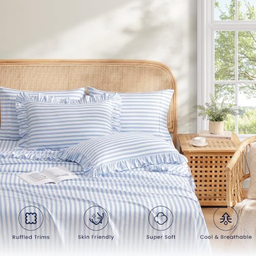 ROSE&RISY King Ruffle Sheet Set 4 Piece - Blue Stripe Soft Lightweight Microfiber Bedding with Deep Pocket, Breathable Ruffled Flat Sheet & Pillowcases (Blue Stripe Ruffle,King)