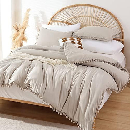 YIRDDEO King Size Comforter Set, Oatmeal Ball Pom Fringe Bedding Set 3 Pcs